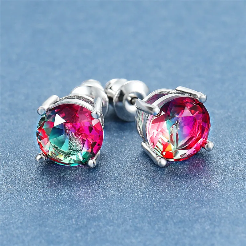 

Charm Female 8mm Round Stud Earrings Cute Amethyst Tourmaline Sapphire Earrings 100% Real 925 Sterling Silver Earrings For Women
