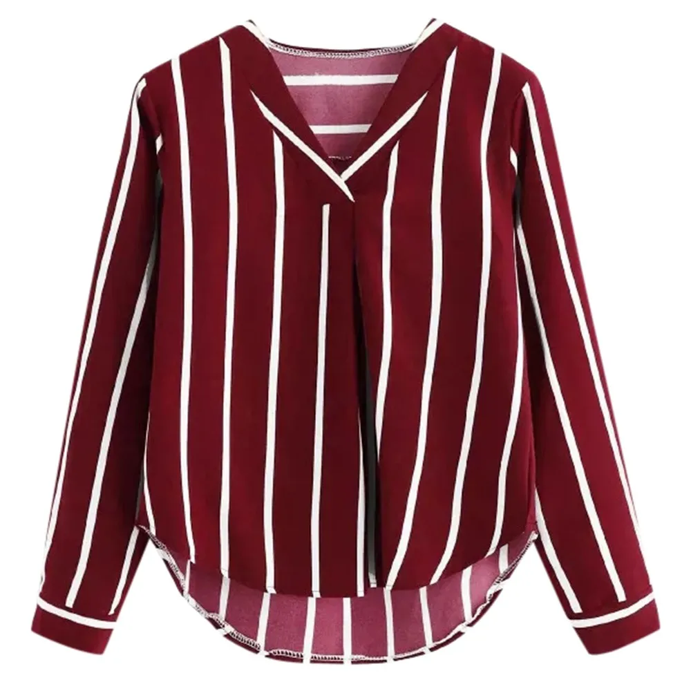 Red womens tops and blouses Casual Autumn Long Sleeve V Neck blouses Irregular Stripe Shirt womens top womens clothing#XP20 - Цвет: Red