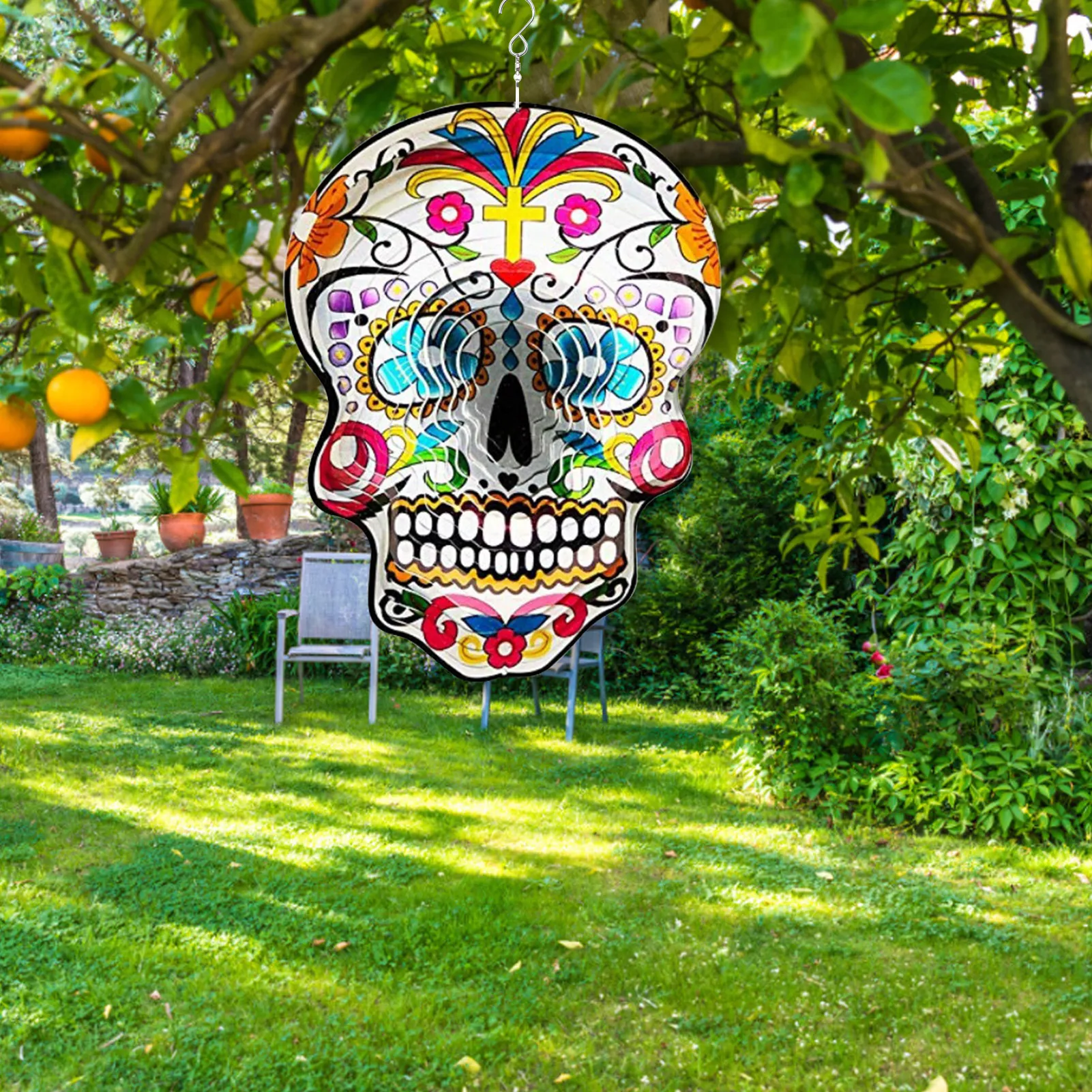 

Colorful Skeleton Head Wind Spinner 3D Metal Wind Spinners Garden Skeleton Head Wind Spinner Home Decoration For Gardens Yards