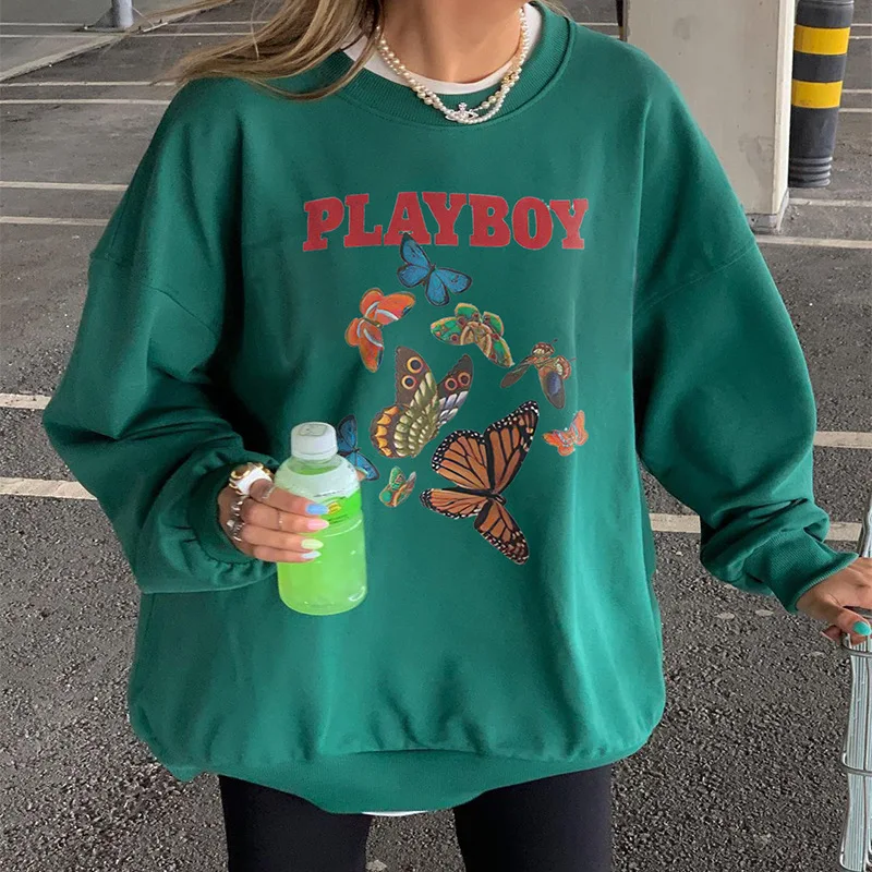 

Green Letter Butterfly Print Women Sweatshirt Hoodie Oversized Pullover Long Sleeve Harajuku Aesthetic Kawaii Tops Autumn 2021