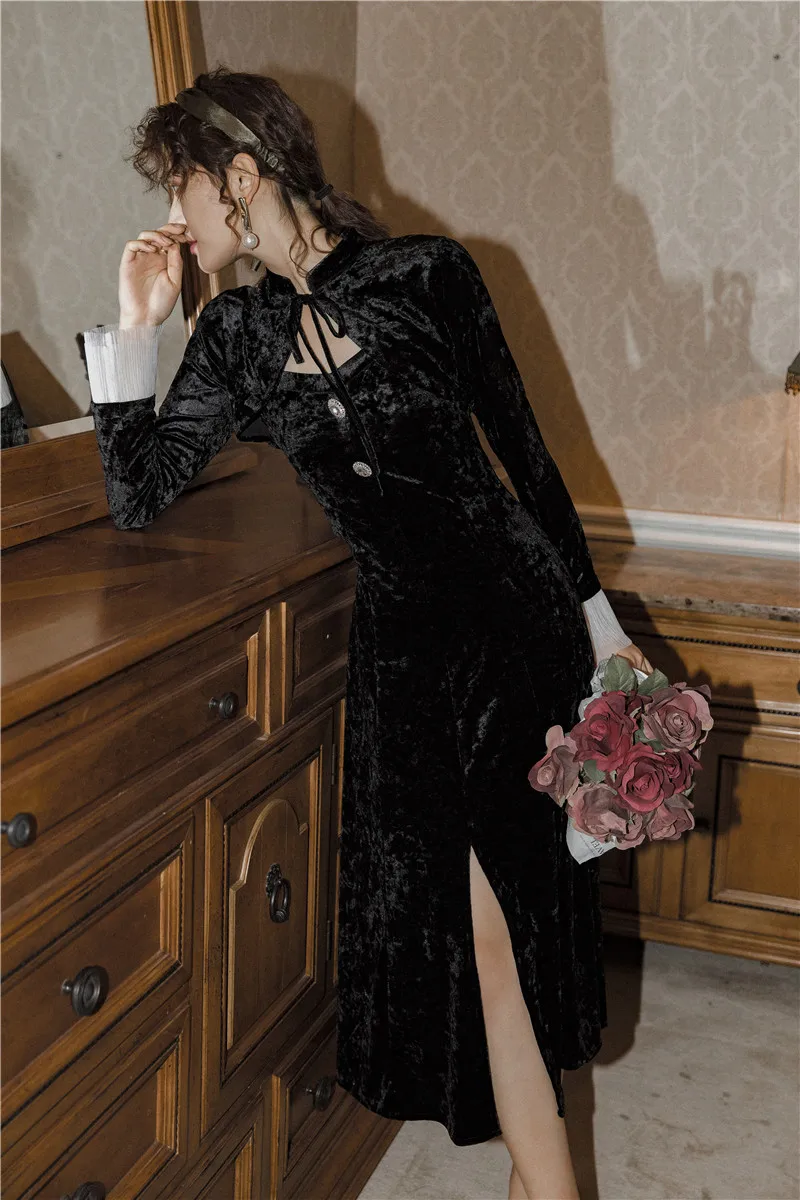 

ZCSMLL 2021 Autumn Temperament Slim Solid Color Slit Ladies Suspender Dress + Small Coat Mature Ladies