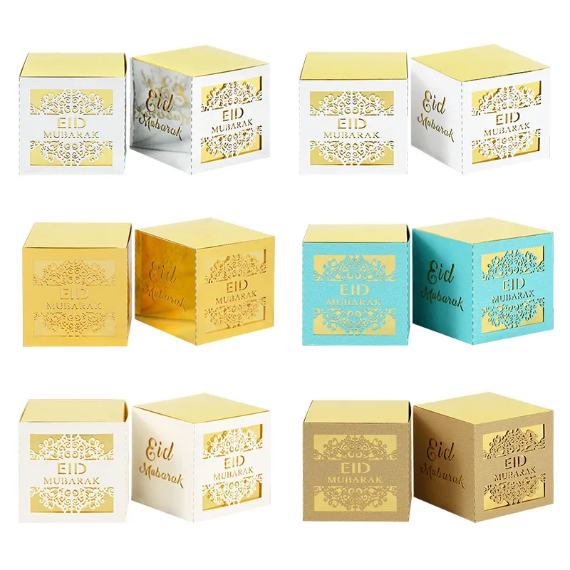

5pcs Paper Packaging Box Eid Mubarak Square Candy Box Muslim Islamic Ramadan Party Favor Gift Packag 5*5*5cm Paperboard Box Case