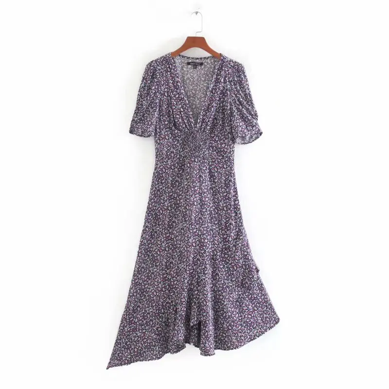 Женское платье труба с цветочным принтом V образным вырезом и оборками