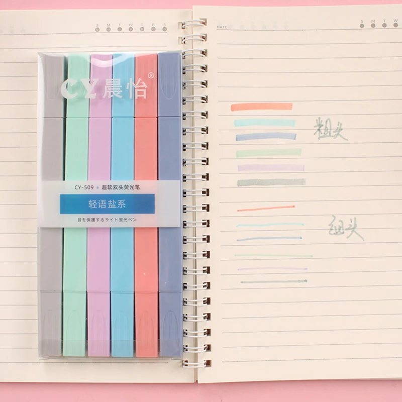 

6pcs/set Soft Tip Highlighter Light Color Kawaii Marker Pen DIY Fluorescent Pen