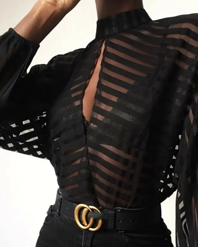 

Fashion Women Shirt Striped Mesh Lace Sexy Sheer Long Sleeve Hallow Out Blouse Casual Clubwear Tops Streetwear