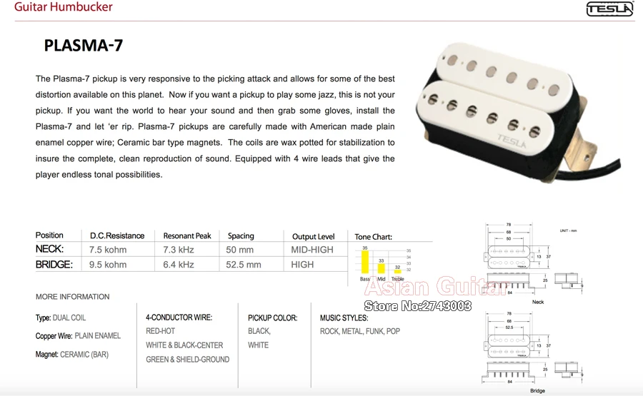 Tesla пикап плазма-7 хамбакер керамический звукосниматель белый Цвет двойной