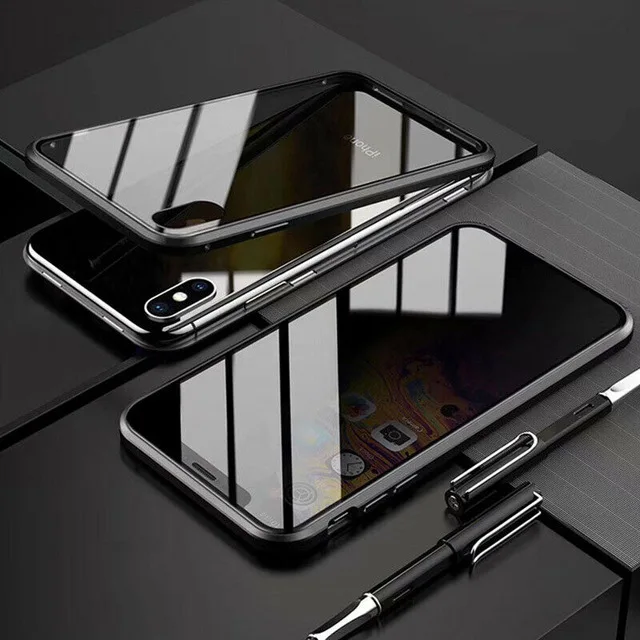 Black Магнитный металлический чехол для Xiaomi Redmi Note 7 Pro 360, магнитный антишпионский чехол для iPhone 11 Pro Max XR XS X 8 7 6, чехол - Цвет: Black