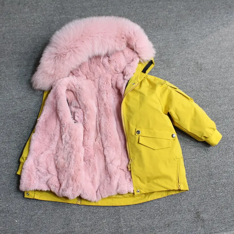 yellow pink fur Для маленьких мальчиков детская зимняя куртка, детская куртка-пуховик для девочек зимняя куртка для детей в Зимняя куртка для девочек и мальчиков детские линией натурального меха кролика, парка, пальто - Цвет: yellow pink fur