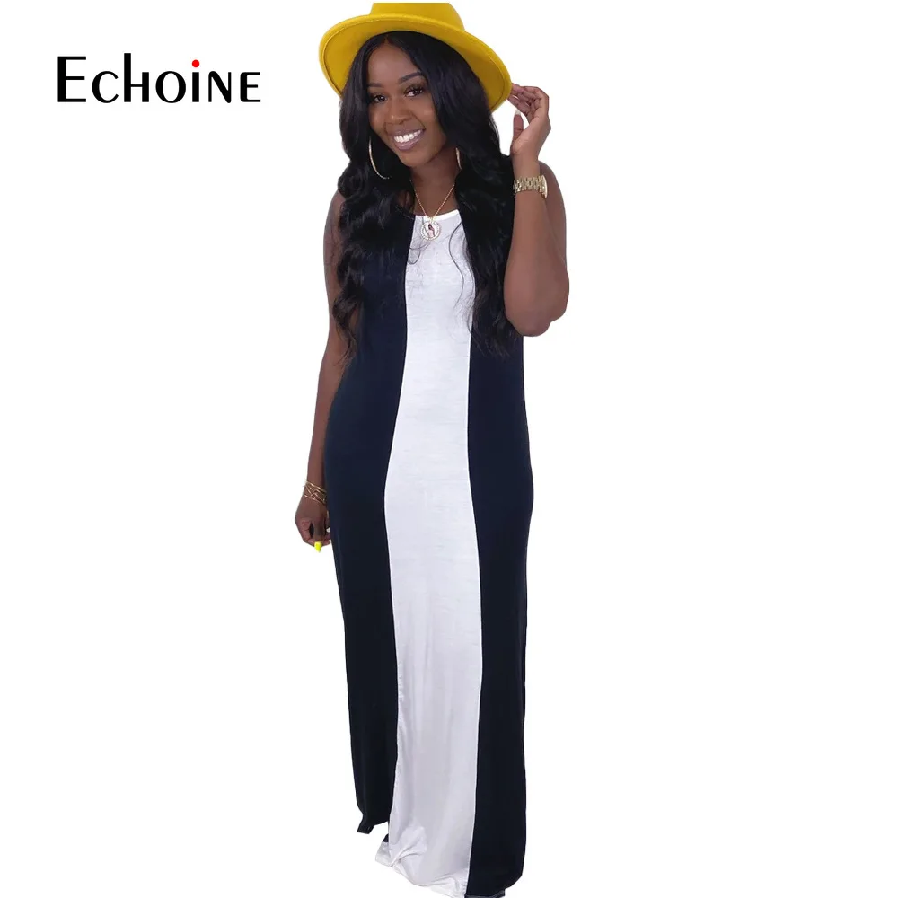 Женское длинное платье в полоску без рукавов с круглым вырезом|Женские платья| |