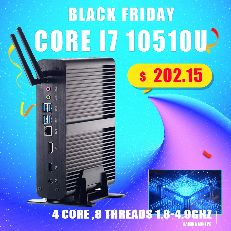 Безвентиляторный мини ПК Intel Core i7 10510U/8565U i5 8265U/7260U M.2Msata + 2 5 ''SATA компьютер HTPC