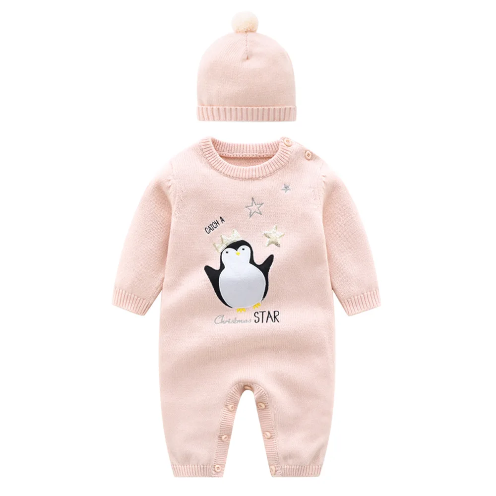 

Зимняя одежда для новорожденных, Розовый шерстяной вязаный свитер с длинным рукавом и вышивкой в виде мультяшного пингвина, Женский компле...