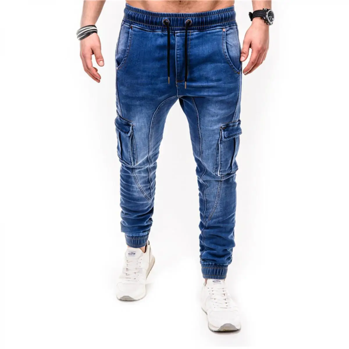 

Blue Vintage Man Jeans Business Casual Classic Style Denim Male Cargo Pants More Pockets Frenum Ankle Banded Casual Pants S-3Xl