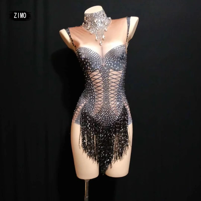 Women Jazz Dance Wear black Stretch Bodysuit Outfit Fringe Rhinestone One piece Jumpsuit Show Sexy DJ Costume Stage Costume rave