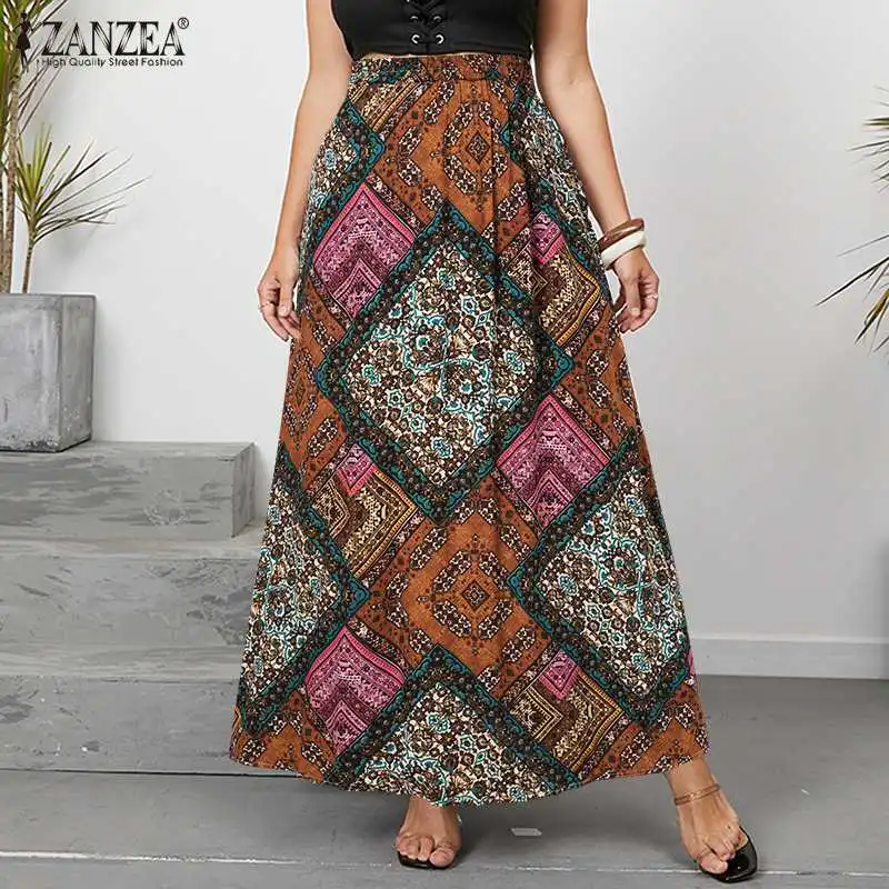

Bohemian Women Long Skirts Fashion ZANZEA 2021 Summer High Elastic Waist Skirts Printed A Line Loose Bottoms Vestidos Plus Size