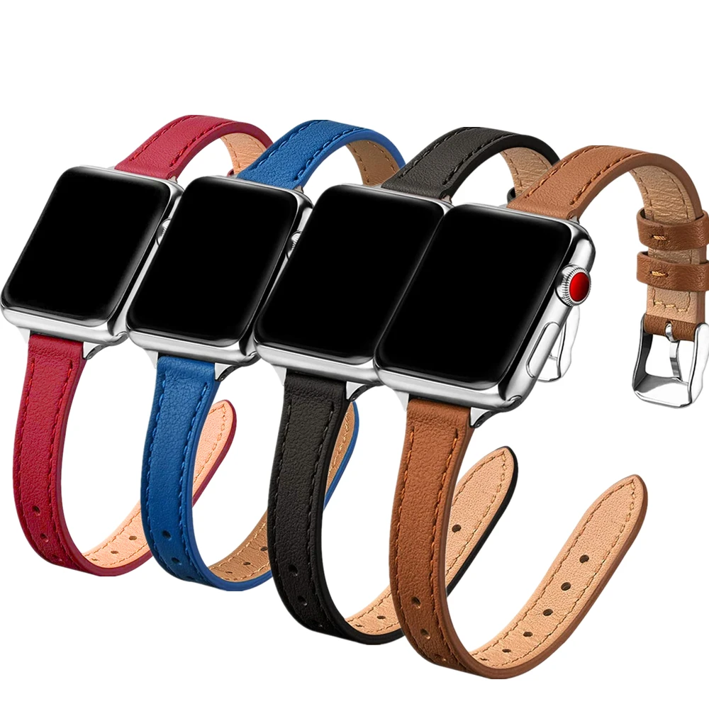 Тонкий кожаный ремешок для apple watch se 6 40 мм 44 тонкий браслет iwatch series 5 4 3 38 42 синий