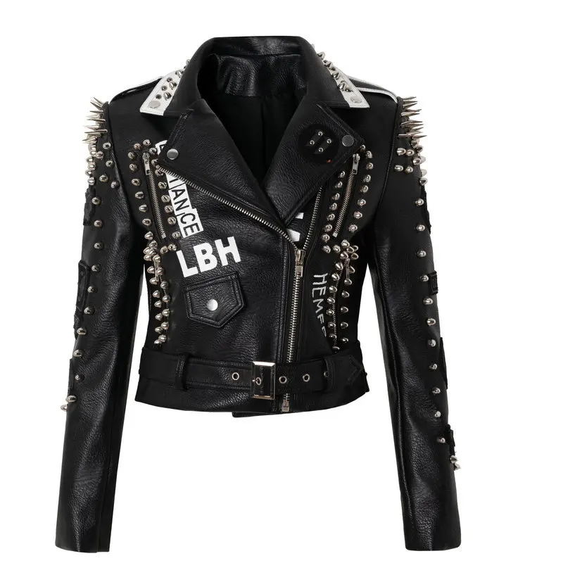 

Новая мотоциклетная кожаная куртка в стиле панк-рок, Европейская и американская мода, куртка с заклепками и граффити