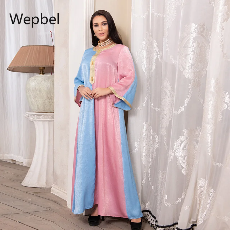 

Wepbel Long Dubai Dress Turkey Kaftan Muslim Abaya Women Islamic Clothing Wear Arabic Robe Dress V-neck Patchwork