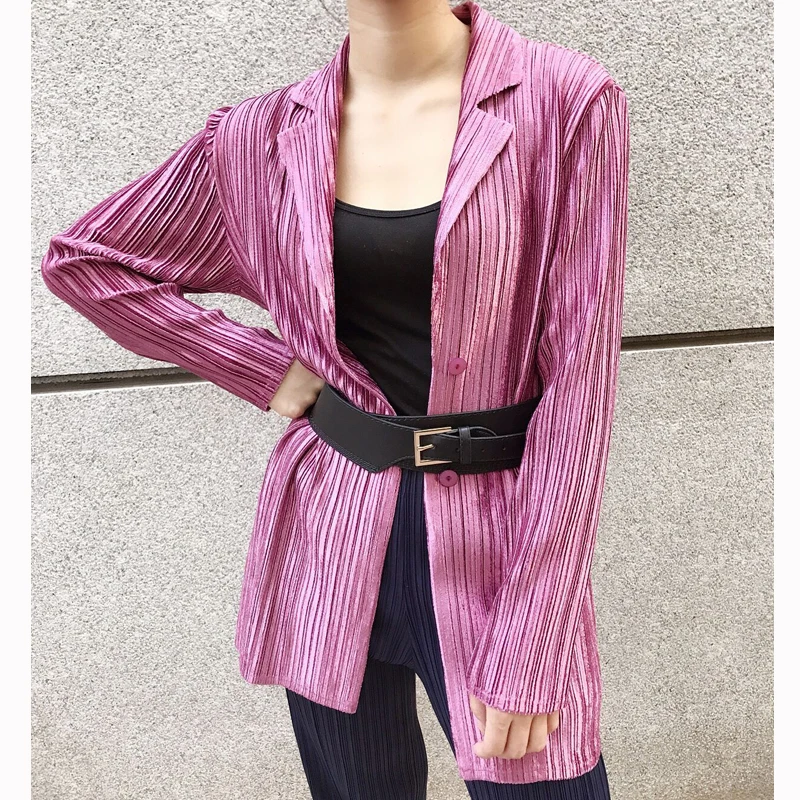 

HOT SELLING Miyake fashion flod slim turn-down collar long sleeve Two buckles velvet coat IN STOCK