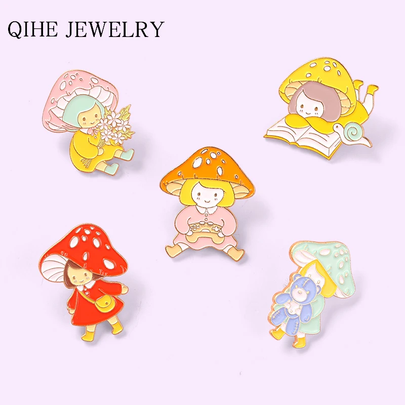 

Mushroom Girls' Daily Enamel Pins Custom Kids Plant Brooch Lapel Badges Bag Cartoon Reading Book Jewelry Gift for Friends