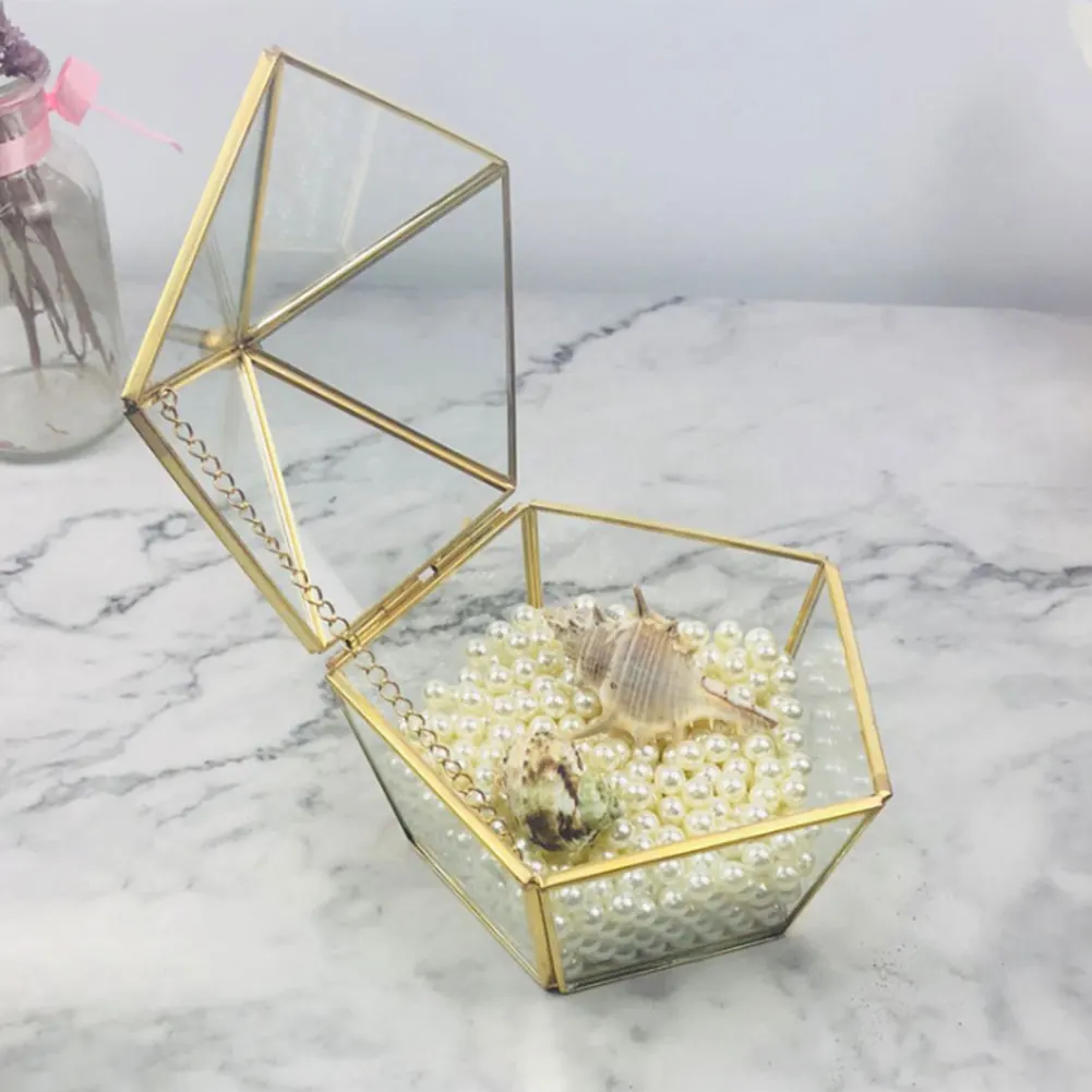 

Пентагон, коробка для хранения ювелирных изделий, золотой деревенский держатель для свадебных колец, ожерелий, браслетов, прозрачная короб...