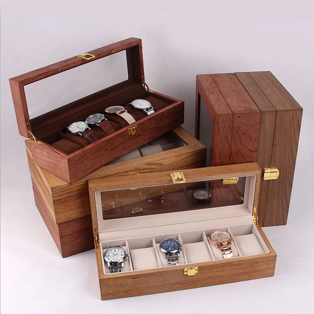 12 Slots Wooden Watch Box Case Organizer Display for Men Women, Wood Box with Clear Glass Top, Vintage Style