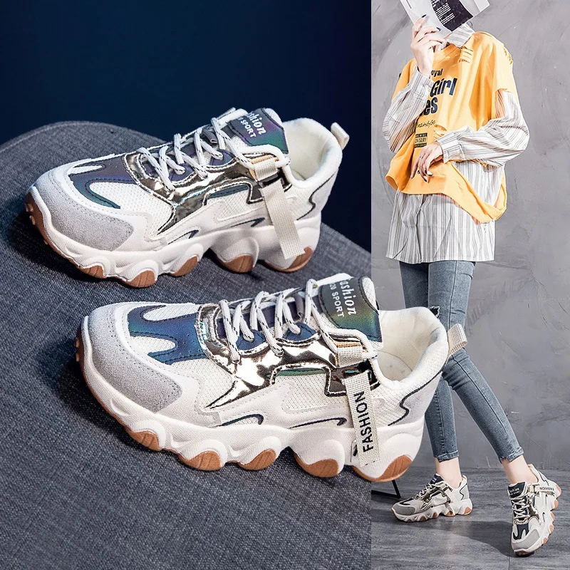 

Autumn/Winter Women's Breathable Hiking Shoes Fashionable Reflective Sports Sneakers Thick Bottom No-Slip Walking Shoes Femal