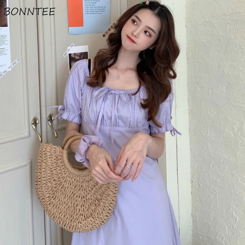 

Dress Women Purple New Trends Lace Up Simple Skinny Bow Midi Maxi Kawaii Harajuku Holiday Retro Girls Summer Fashion Streetwear