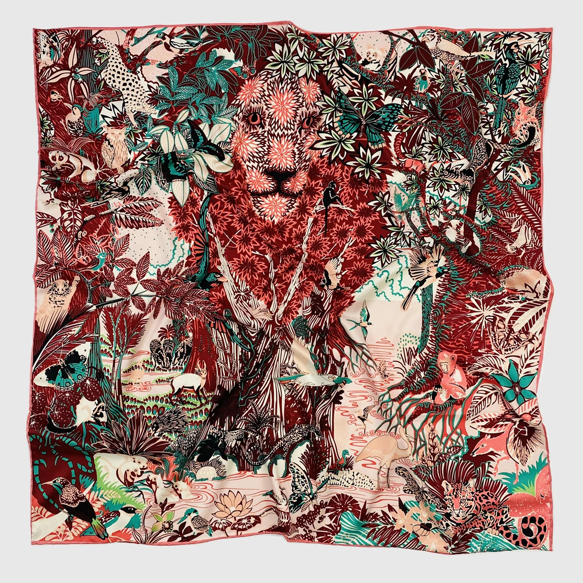 90 cm Dschungel Löwe 100% Twill Seide Quadrat Schal Frauen Schal Marke Hijab Schal Design Bandana Hand Gerollt Saum foulard Kopf Schals – Detail 9