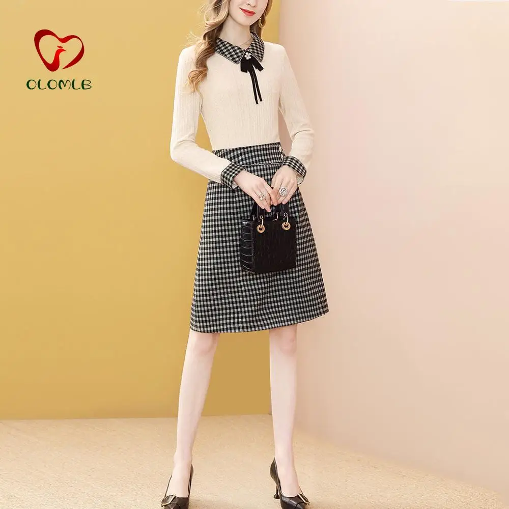 

Women Patchwork Slim Elegant Party Dress Plaid A-Line Bow Knitted Dresses Casual Apricot High Waist Vestidos