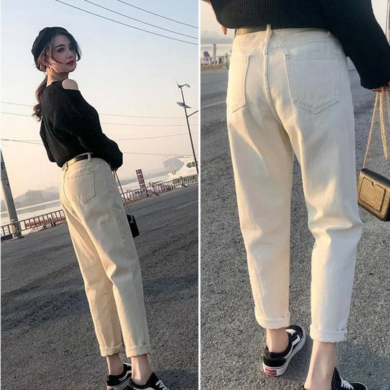 

NEW Jeans Women Ankle-length Beige Straight Denim Vintage School Simple Classic Womens Trousers Bf Chic Harajuku Korean NEW Ulzz