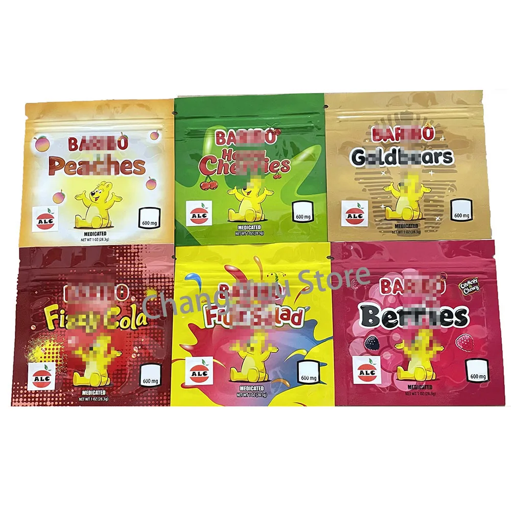 

2021 newest 6 design bags peaches happy cherries Gold bears fizzy cola mylar bags(No Food)