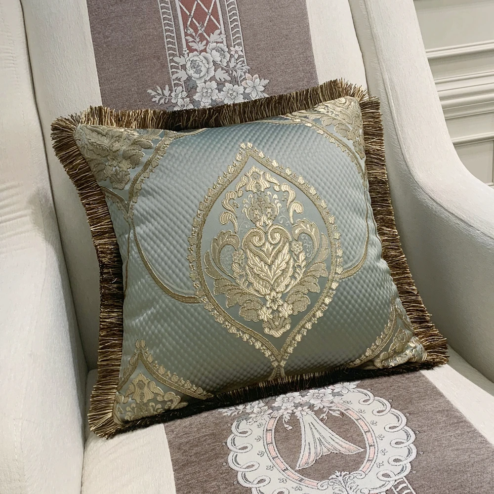Funda de cojín de terciopelo con flecos para decoración del hogar, funda de almohada de lujo de estilo europeo con diseño Floral de Damasco, color azul claro, para sala de estar y sofá