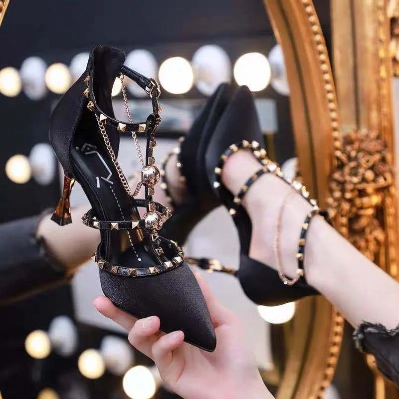 

2022 Summer new black high heels with thin rivets shoes Design dress sandals women pumps female fairy style