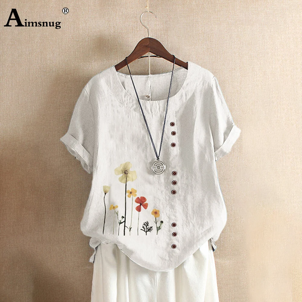 Женские летние топы 2020 льняная блузка с принтом и искусственными пуговицами