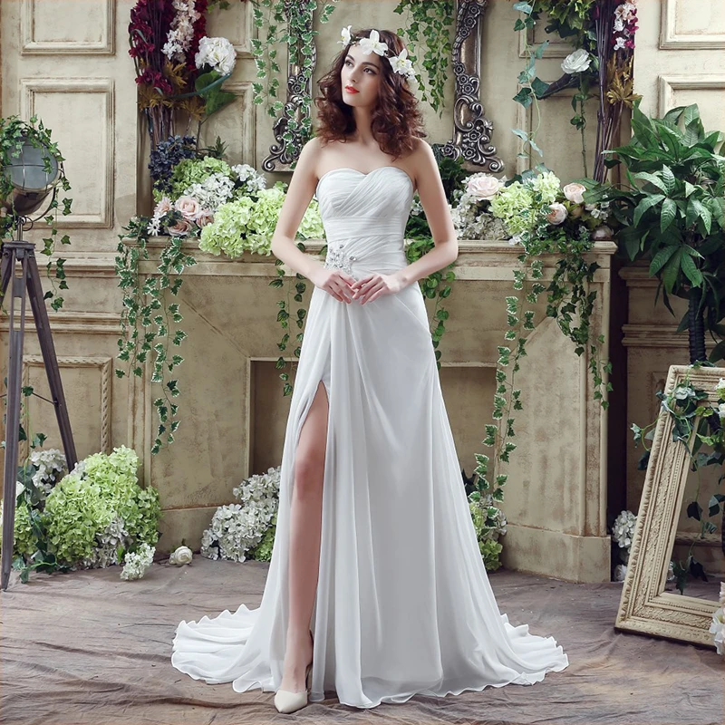 

Luxury A-Line Wedding Dresses Chiffon Strapless Sleeveless Gowns Pearl Sequins Sexy High Split Robe de mariée Tailor-Made
