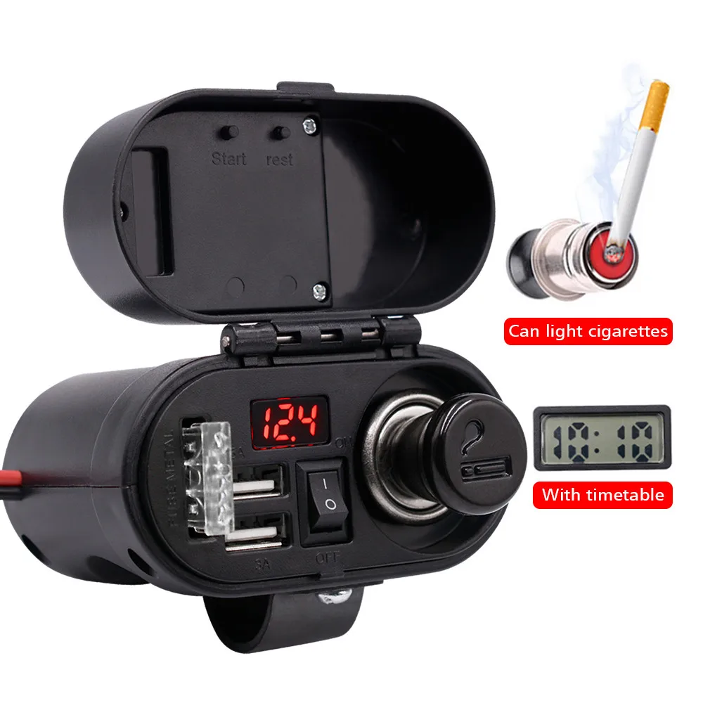 

Authentic Motorcycle Cigarette Lighter Socket Dual USB Quick Charger Voltmeter Digital Clock Switch Control Waterproof