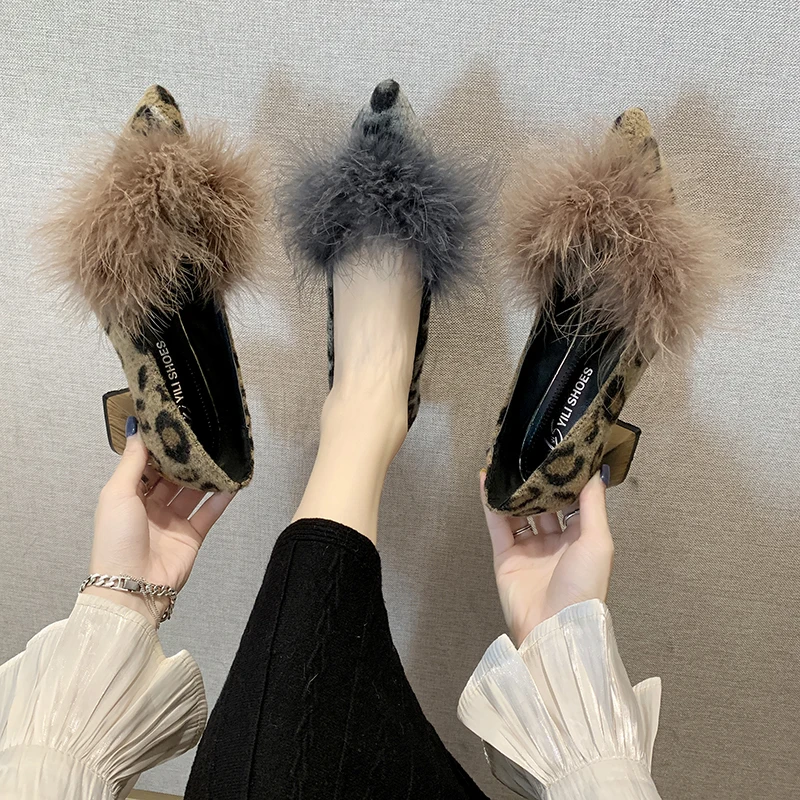 

Women Pumps Leopard Print Sexy High Heels Fur ball Decoration 5cm Party Heeled Fashion Designer Shoes zapatos tacon mujer F1-16