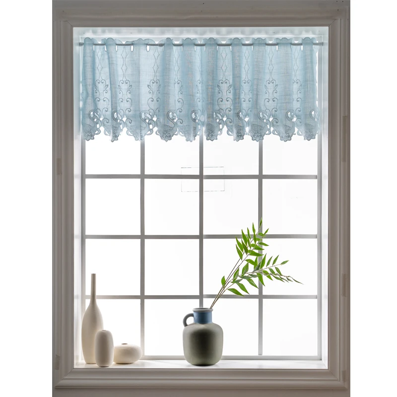 Белая занавеска из полутюля с вышивкой модная Короткая пряжи синяя тканевая для