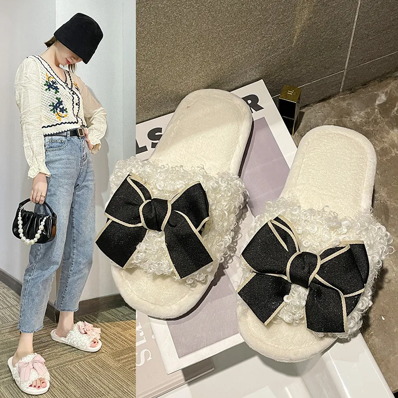 

Autumn and Winter New Style Fur Slippers Female Korean Home Slippers Flat Bow One-flip Flops Fashion Open Cotton Shoes