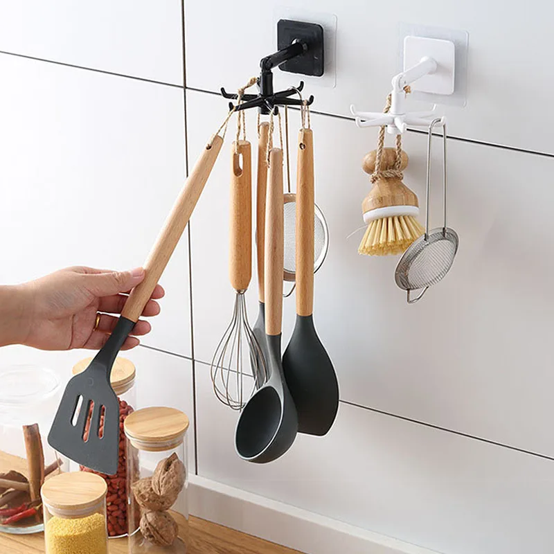 

6-Jaw Rotatable Hook Punch-Free Kitchenware Storage Drying Rack Clothing Hat Hooks Bathroom Wall-Mounted Cabinet Organizer Hooks