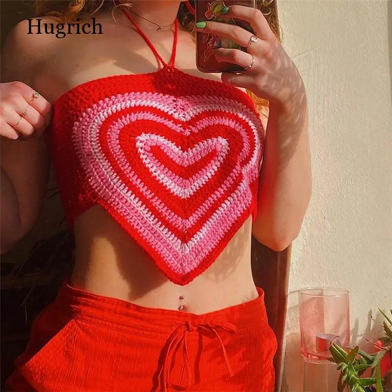 

Sweet Cute Sexy Patchwork Crop Top for Women Halter Summer Slim Bandage Camisole Stretch Club Streetwear Female 2021 New