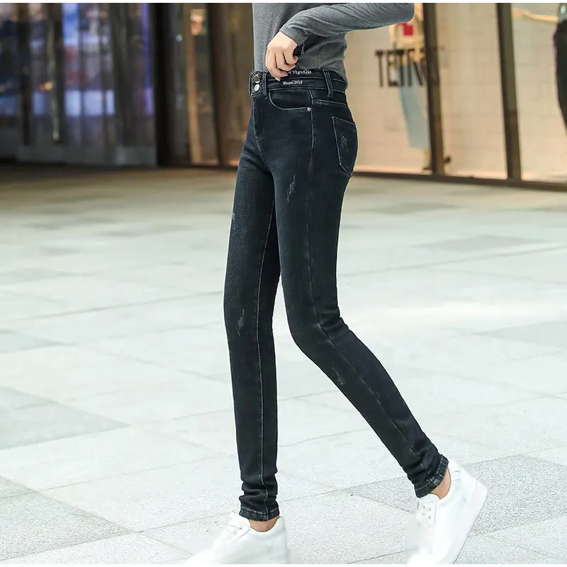 Зимние теплые удлиненные черные флисовые узкие джинсы для Высоких девочек