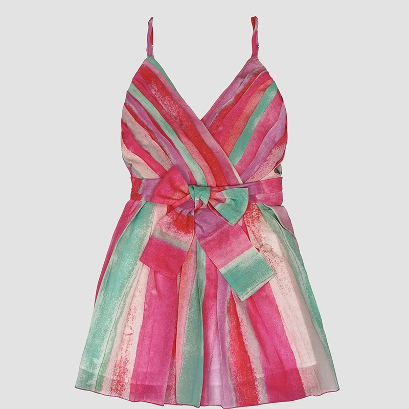 

Women Pink Tie-Dye Lace-Up Spaghetti Strap Dress 2021 Summer Ladies Sexy V-Neck Sashes Backless Boho Beach Holiday Mini Dresses