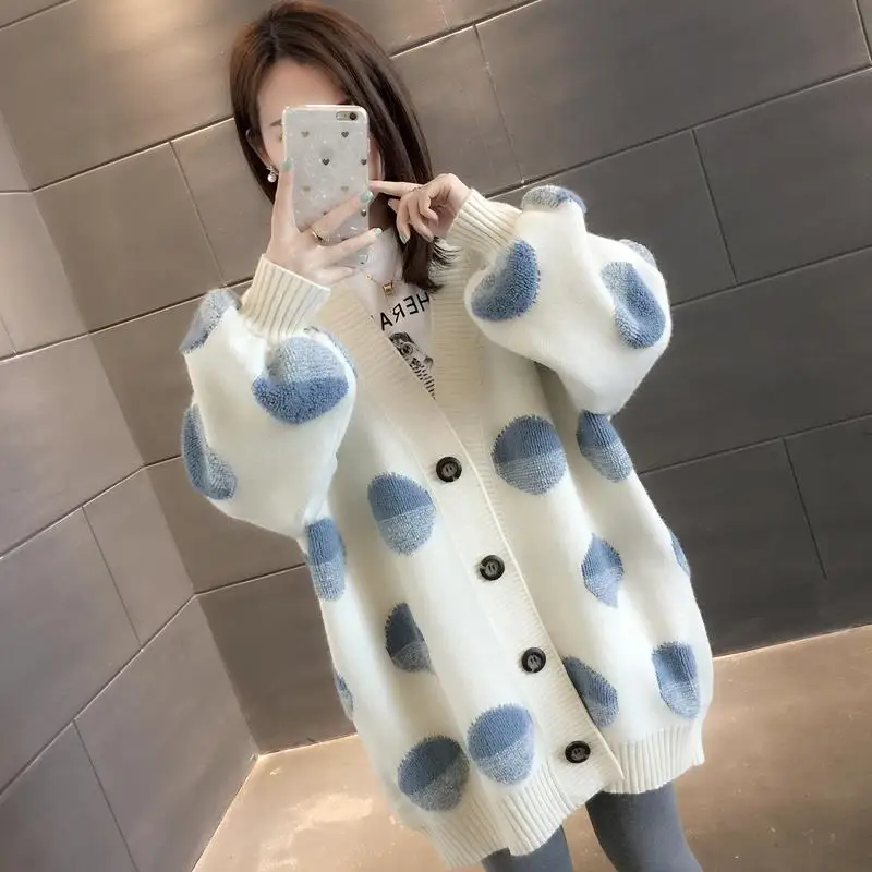 

V Neck Print Cardigans Single Breasted Lantern Sleeve Women Sweater Autumn 2020 Winter Clothes Oversized Outwear