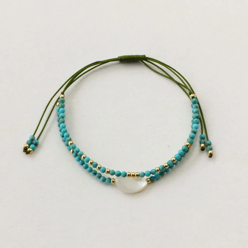 Женский этнический браслет из бирюзы и бусин ракушек жемчуга натурального камня