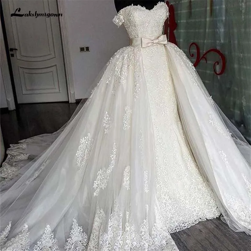 

Sexy Sweetheart Lace Mermaid Wedding Dresses Removable Train Applique Lace Bridal Gowns with Detachable Skirt Wedding Gowns vest