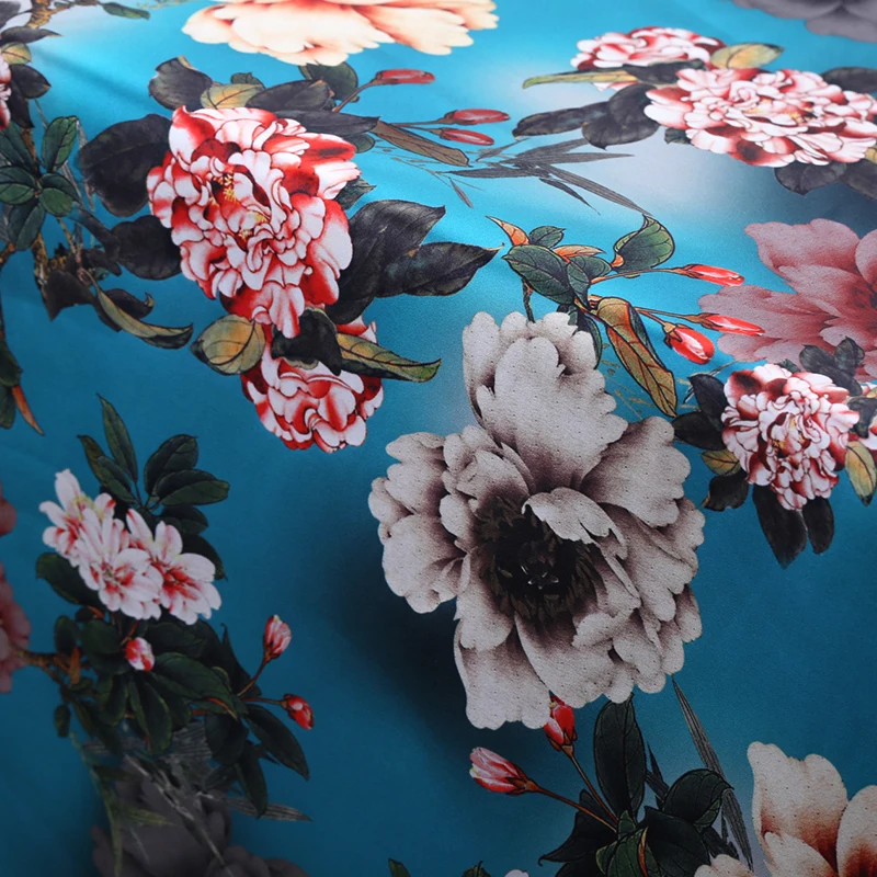 

108cm*100cm Red/blue Flowers Print Stretch Silk Satin Fabric