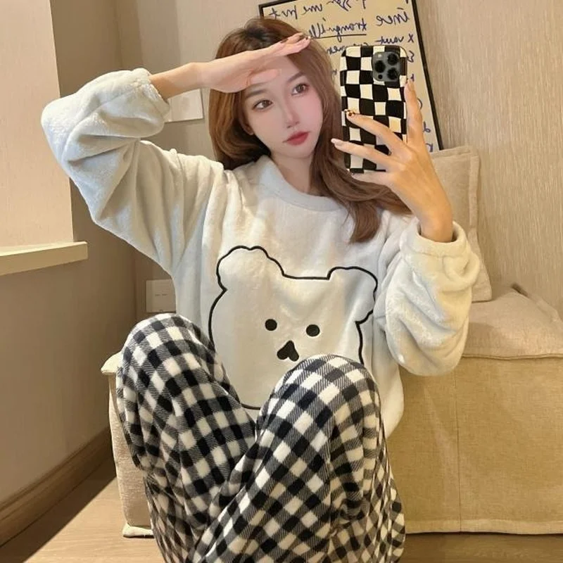 

Зимние женские пижамные комплекты, фланелевая теплая 2022 утепленная одежда для сна, женский костюм с длинным рукавом и длинными брюками, пов...