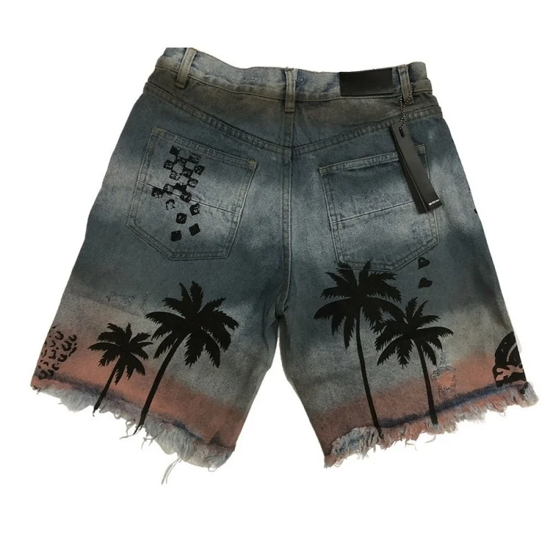 

Straight Summer Hole Ripped Beggar Shorts Men Holiday Zipper Printing Denim Shorts Casual Beach Knee Length Short Jeans S-2XL
