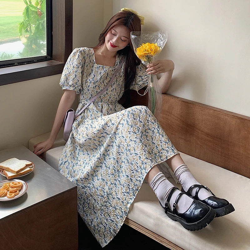 

Жемчужный декоративный квадратный воротник цветочный пузырь женское длинное пляжное офисное богемное Повседневное платье Элегантное тка...